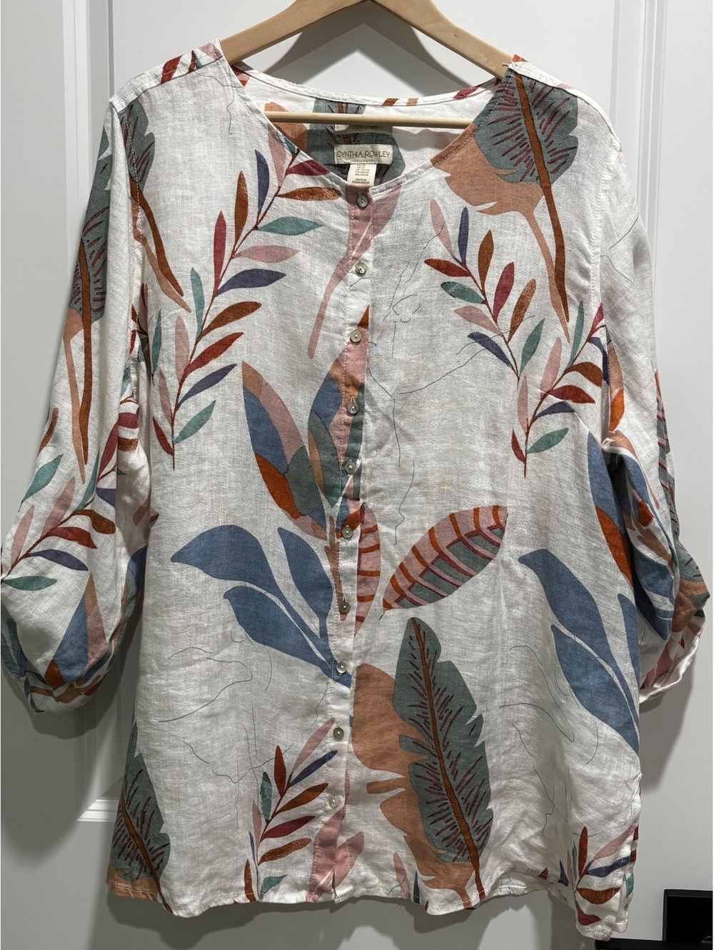 Cynthia Rowley 100% Linen Graphic Palm Leaf Blouse 3/4 Sleeve